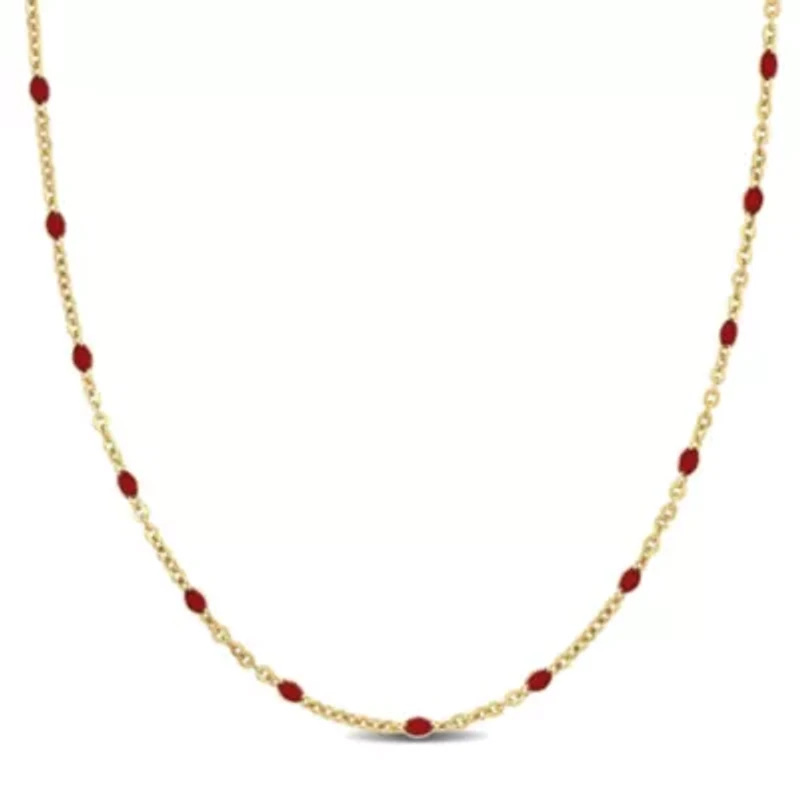 Red Enamel Bead Station Necklace in Yellow Plated Sterling Silver