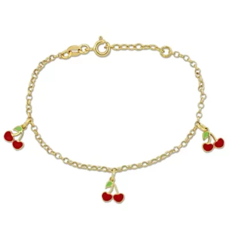 2MM Cherry Enamel Charm Rolo Chain Bracelet in Yellow Plated Sterling Silver