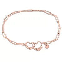 Paper Clip Link Bracelet with Double Heart Clasp in Rose Plated Sterling Silver - 7.5"