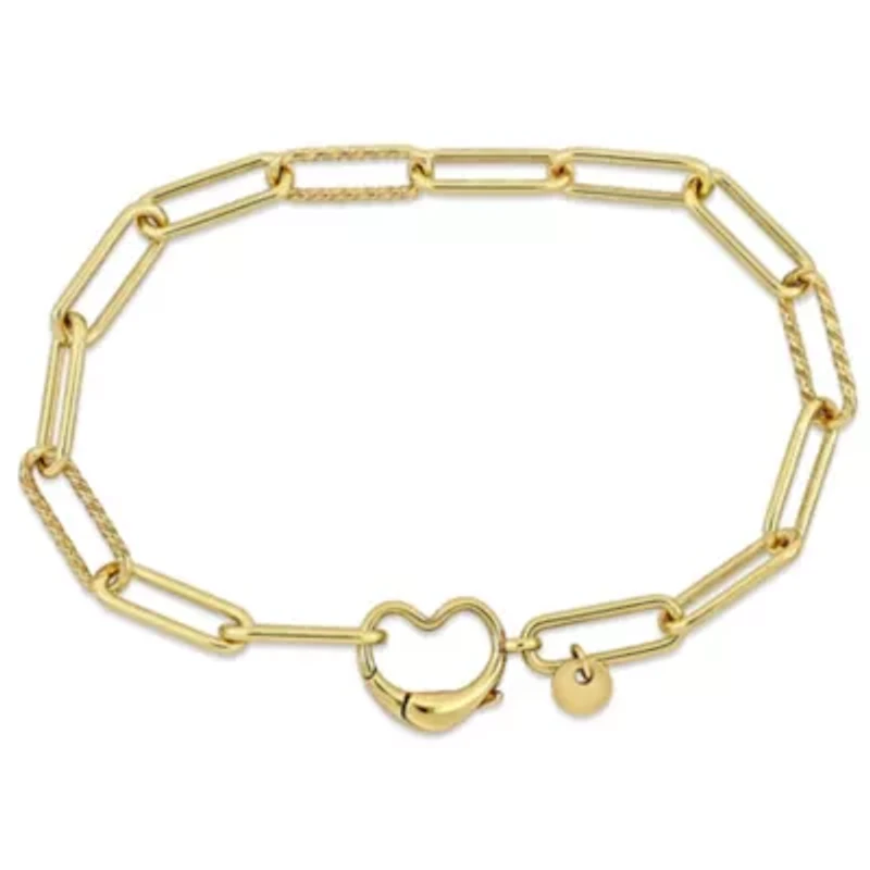 Paper Clip Link Bracelet with Heart Clasp in Yellow Plated Sterling Silver - 7"
