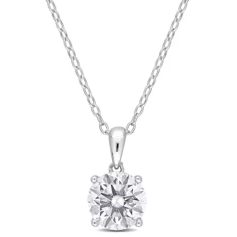 Lab Created Created White Sapphire Solitaire Classic Basket Setting Pendant with Chain in Sterling Silver