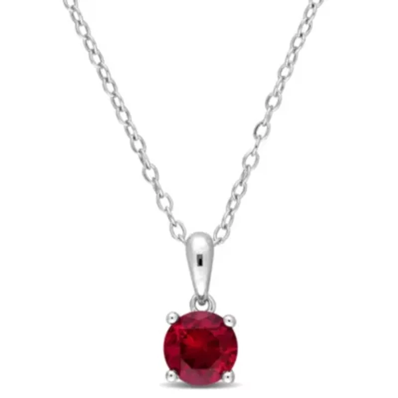Lab Created Created Ruby Solitaire Classic Basket Setting Pendant with Chain in Sterling Silver
