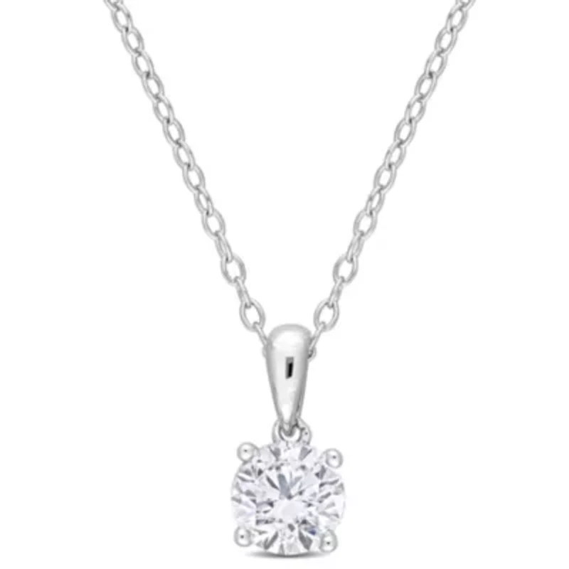 Lab Created Created White Sapphire Solitaire Classic Basket Setting Pendant with Chain in Sterling Silver