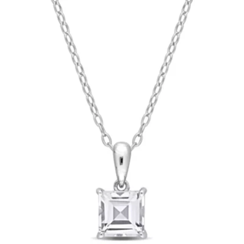 White Topaz Solitaire Classic Basket Setting Pendant with Chain in Sterling Silver