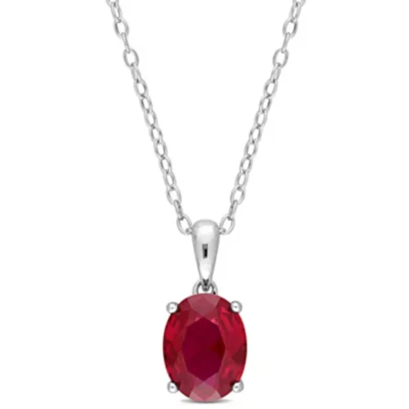 Lab Created Created Ruby Solitaire Classic Basket Setting Pendant with Chain in Sterling Silver