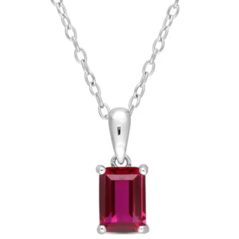 Lab Created Created Ruby Solitaire Classic Basket Setting Pendant with Chain in Sterling Silver