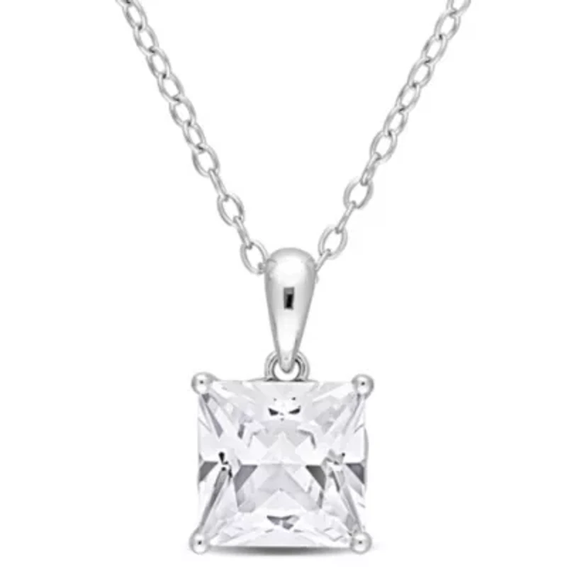 Lab Created Created White Sapphire Solitaire Design Pendant with Chain in Sterling Silver