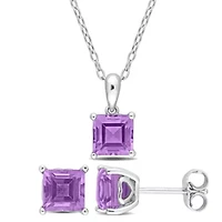 Amethyst Solitaire Pendant with Chain and Stud Earrings 2-Piece Set in Sterling Silver