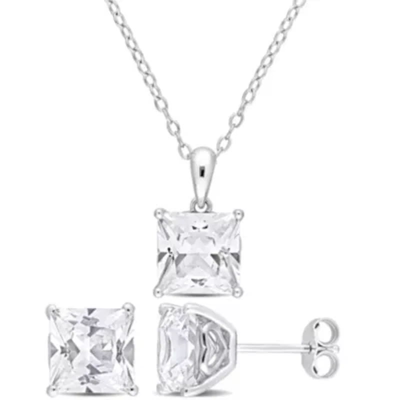 Lab Created Created White Sapphire Solitaire Pendant with Chain and Stud Earrings 2-Piece Set in Sterling Silver