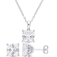 Lab Created Created White Sapphire Solitaire Pendant with Chain and Stud Earrings 2-Piece Set in Sterling Silver