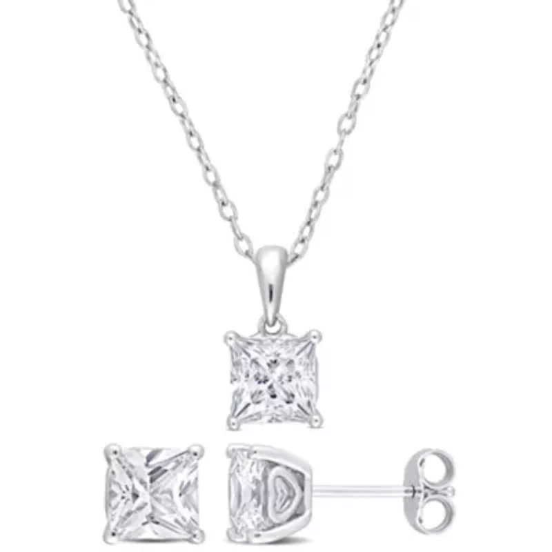 Lab Created Created White Sapphire Solitaire Pendant with Chain and Stud Earrings 2-Piece Set in Sterling Silver