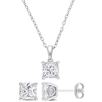 Lab Created Created White Sapphire Solitaire Pendant with Chain and Stud Earrings 2-Piece Set in Sterling Silver