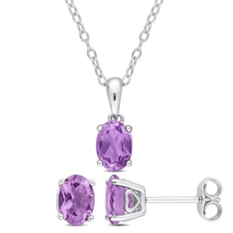 Amethyst Solitaire Pendant with Chain and Stud Earrings 2-Piece Set in Sterling Silver