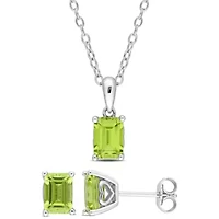 Peridot Solitaire Pendant with Chain and Stud Earrings 2-Piece Set in Sterling Silver