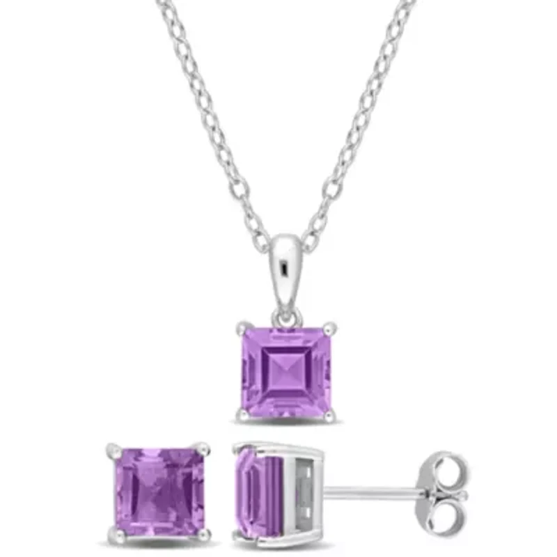 Amethyst Solitaire Pendant with Chain and Stud Earrings 2-Piece Set in Sterling Silver