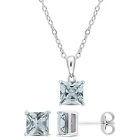 Synthetic Spinel (Aquamarine) Pendant with Chain and Earrings 2-Piece Set in Sterling Silver