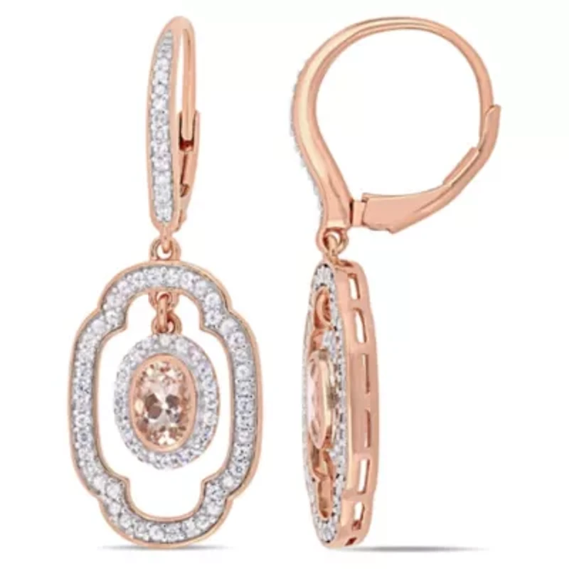 Morganite and White Sapphire with 1/10 ct. t.w. Diamond Dangle Earrings in Rose Plated Sterling Silver