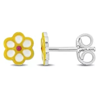 Children Yellow Enamel Flower Stud Earrings in Sterling Silver