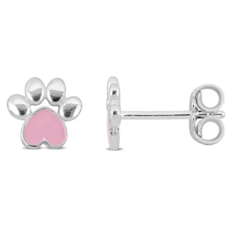 Children Pink Enamel Paw Stud Earrings in Sterling Silver