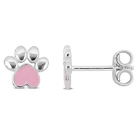 Children Pink Enamel Paw Stud Earrings in Sterling Silver