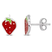 Children Red & Green Enamel Strawberry Stud Earrings in Sterling Silver