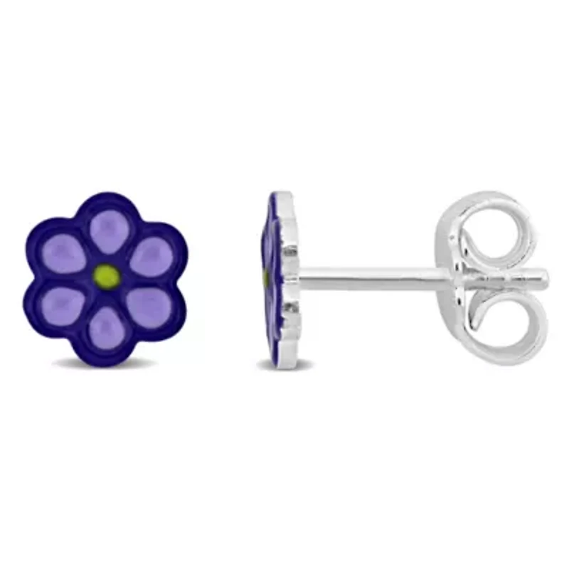 Children Purple Enamel Flower Stud Earrings in Sterling Silver