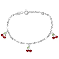 Children White and Red Enamel Cherry Charm Bracelet in Sterling Silver