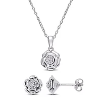 2-Pc Set of 1/10 ct. t.w. Diamond Flower Post Earrings & Pendant with Chain in Sterling Silver
