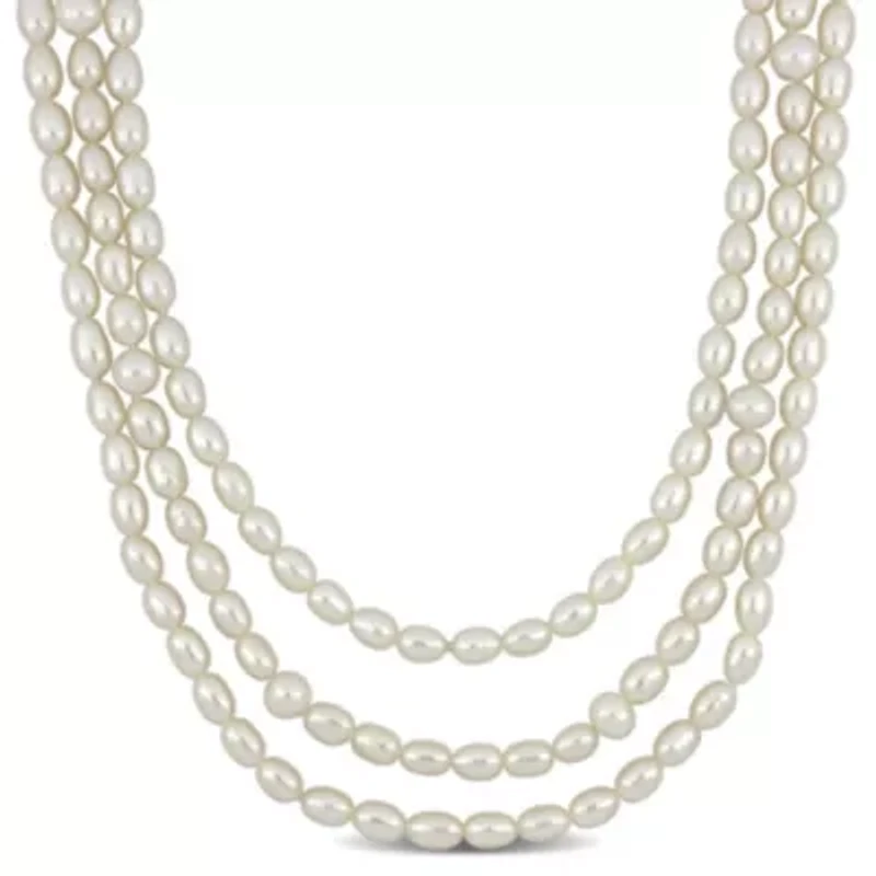 5-7.5mm Freshwater Cultured Pearl 3-Strand Necklace in Sterling Silver