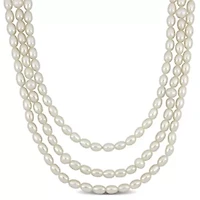 5-7.5mm Freshwater Cultured Pearl 3-Strand Necklace in Sterling Silver