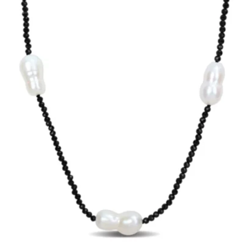 12-14mm Freshwater Cultured Pearl and Black Spinel Beads Necklace with Sterling Silver Lobster clasp