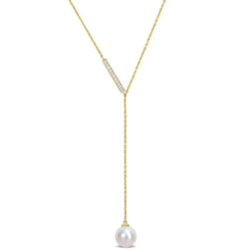 8-8.5MM Freshwater Cultured Pearl and Diamondd Accent Lariat Necklace in 10K Yellow Gold