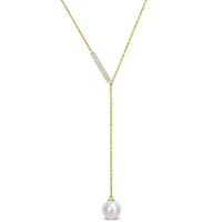 8-8.5MM Freshwater Cultured Pearl and Diamondd Accent Lariat Necklace in 10K Yellow Gold