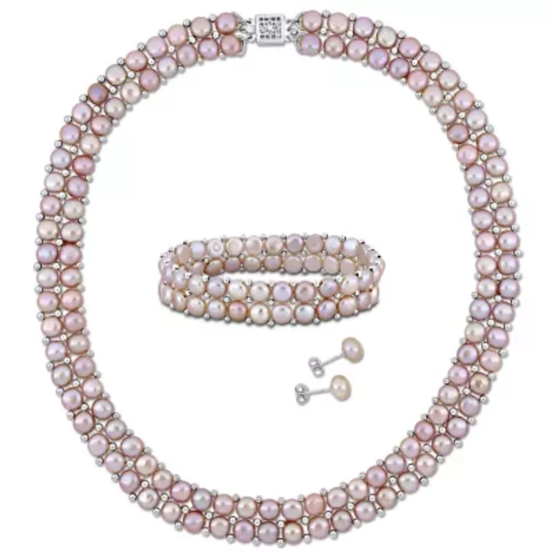 3-Pcs Set of 6-8MM Pink Freshwater Culuted Pearl Double Strand Necklace, Bracelet and Stud Earrings in Sterling Silver