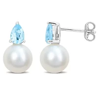 8.5-9MM Freshwater Cultured Pearl and Sky Blue Topaz Earrings in Sterling Silver