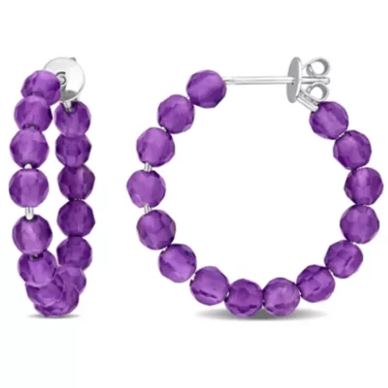 Amethyst Beaded Facetted Hoop Earrings in Sterling Silver