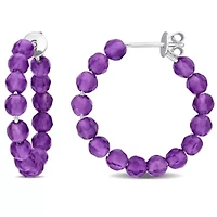 Amethyst Beaded Facetted Hoop Earrings in Sterling Silver