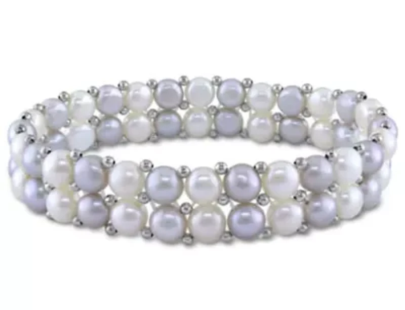 6-7mm Light Grey and White Freshwater Cultured Pearl Double-Row Elastic Bracelet with Brass Beads