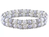 6-7mm Light Grey and White Freshwater Cultured Pearl Double-Row Elastic Bracelet with Brass Beads