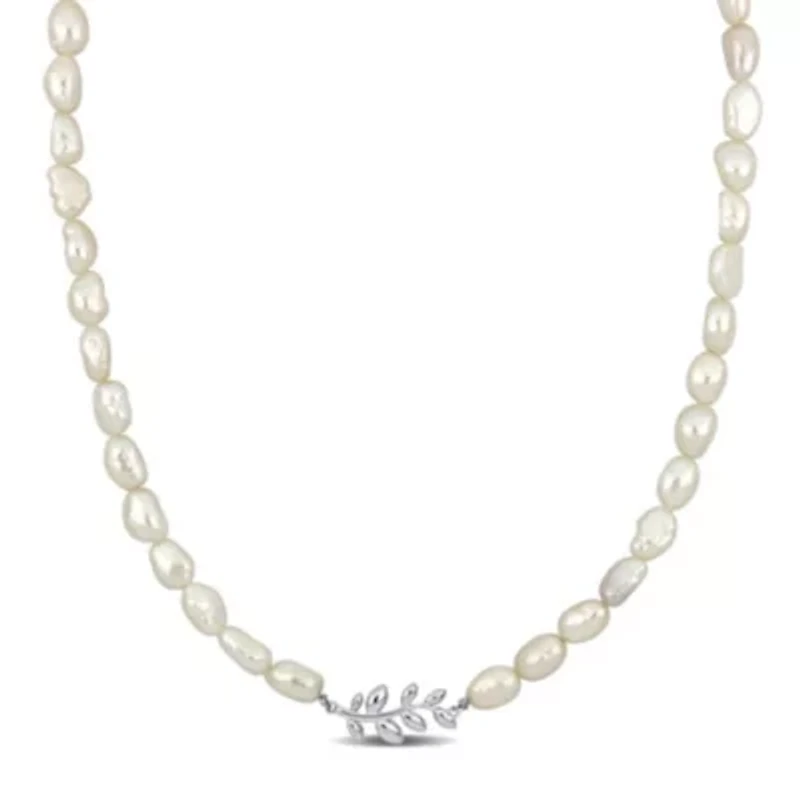 5-6mm Freshwater Cultured Pearl Necklace with Leaf Motif in Sterling Silver