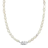 5-6mm Freshwater Cultured Pearl Necklace with Leaf Motif in Sterling Silver