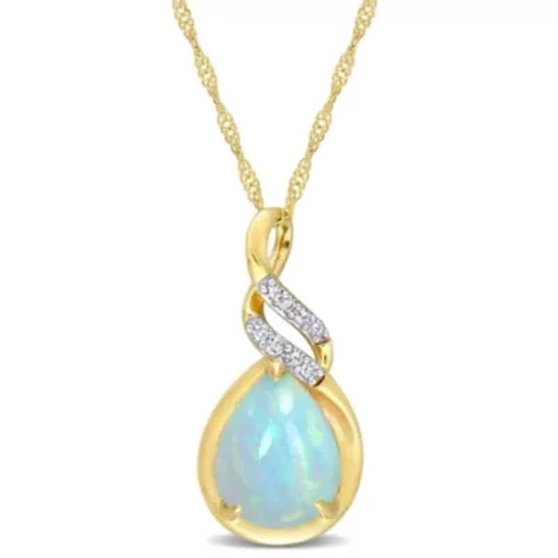 Blue Ethiopian Opal and Diamond Accent Twist Pendant with Chain in 10K Yellow Gold