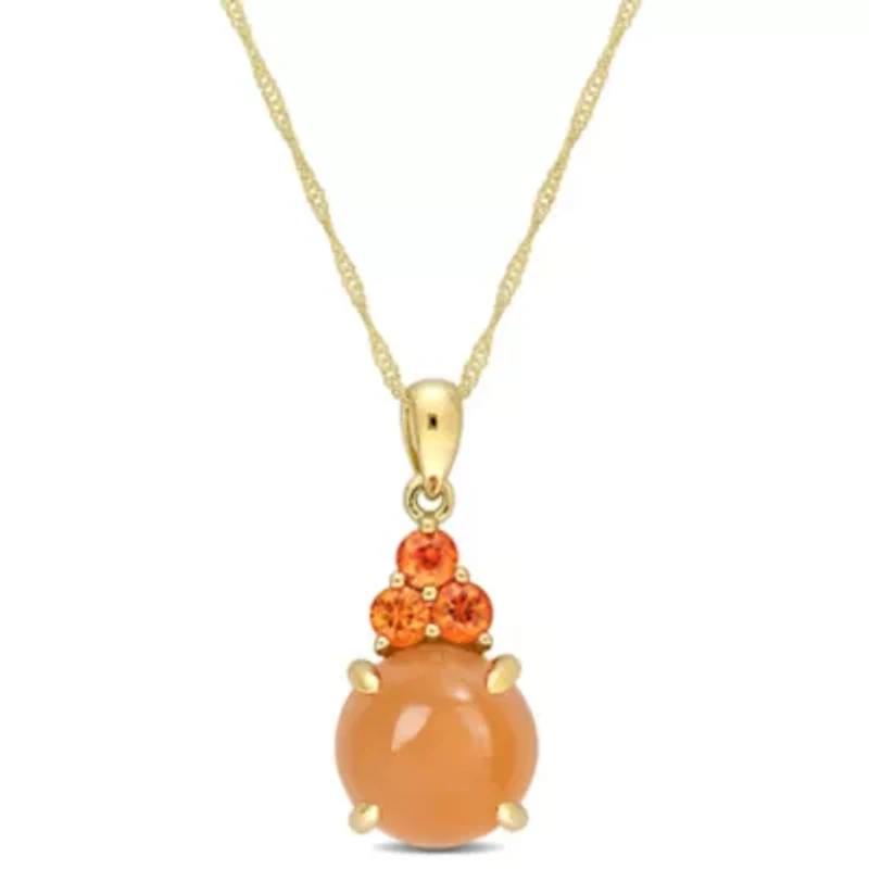 Orange Moonstone and Orange Sapphire Pendant with Chain in 14K Yellow Gold