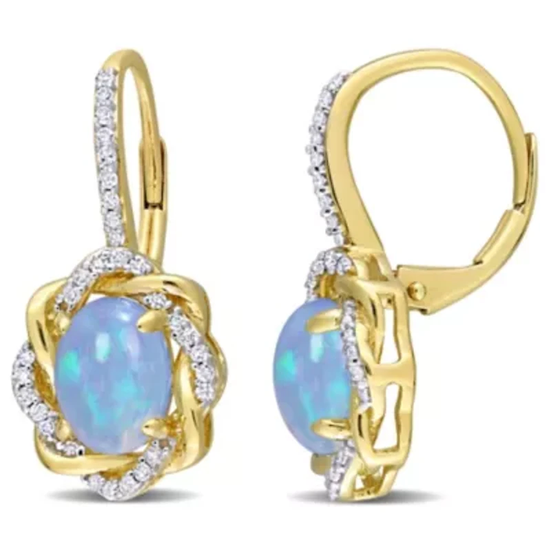 Blue Ethiopian Opal and 1/4 ct. t.w. Diamond Halo Earrings in 10K Yellow Gold