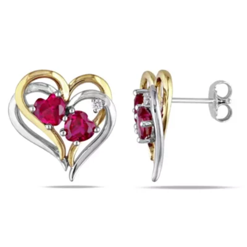 Lab Created Created Ruby and Diamond Accent Heart Earrings in 2-Tone Sterling Silver