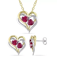 Lab Created 2-Pc Set of Created Ruby and Diamond Accent Heart Stud Earrings and Pendant with Chain in 2-Tone Sterling Silver