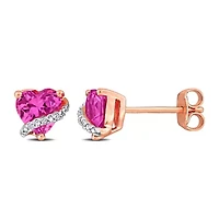 Lab Created Created Pink Sapphire and Diamond Accent Heart Stud Earrings in Rose Plated Sterling Silver