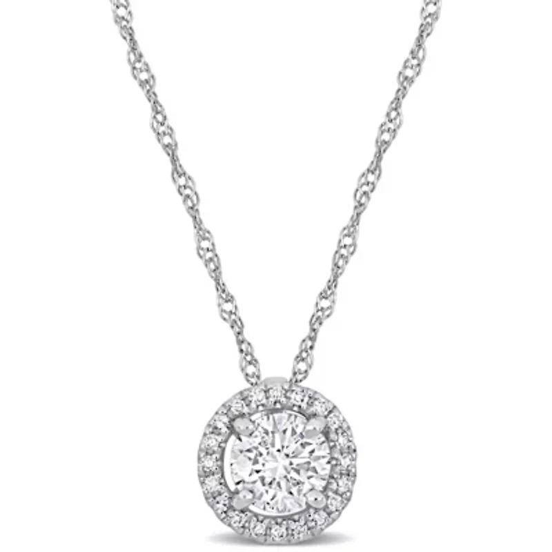 3/5 ct. t.w. Diamond Halo Drop Pendant with Chain in 14K White Gold, 17"