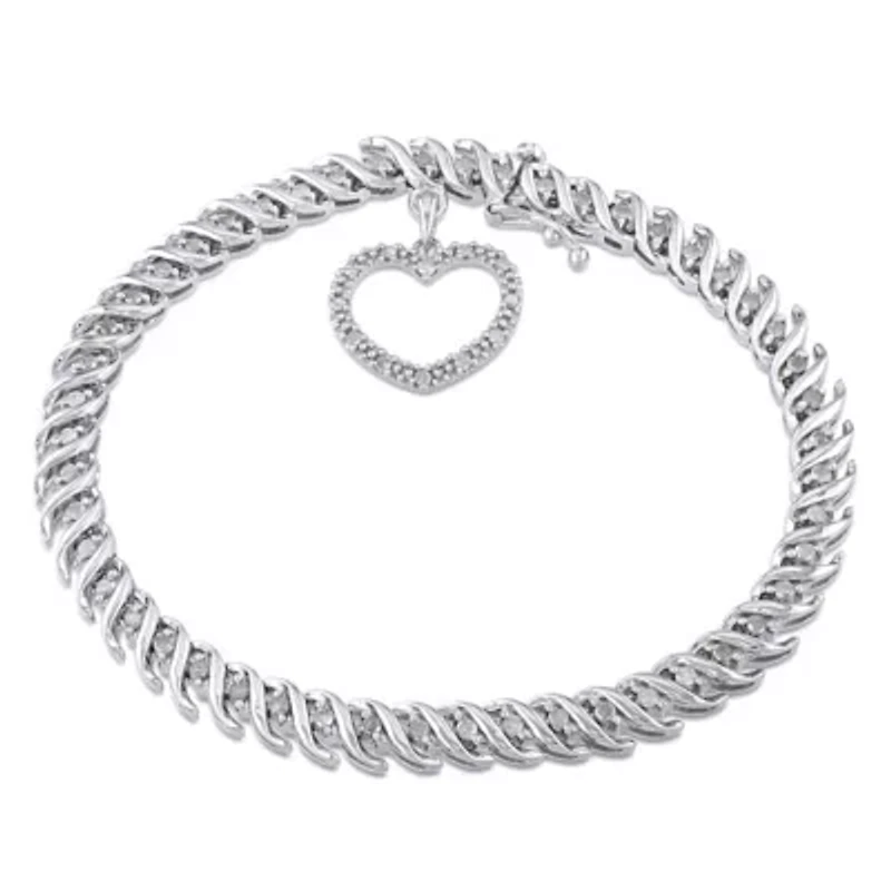 1 ct. t.w. Diamond Tennis Bracelet with Heart Charm in Sterling Silver, 7"