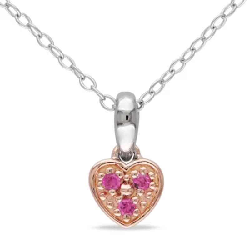 Lab Created Created Pink Sapphire Accent Trillium Heart Child's Pendant with Chain in 2-Tone Sterling Silver, 18"